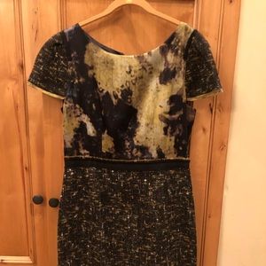 Career dress cap sleeve green mix pattern